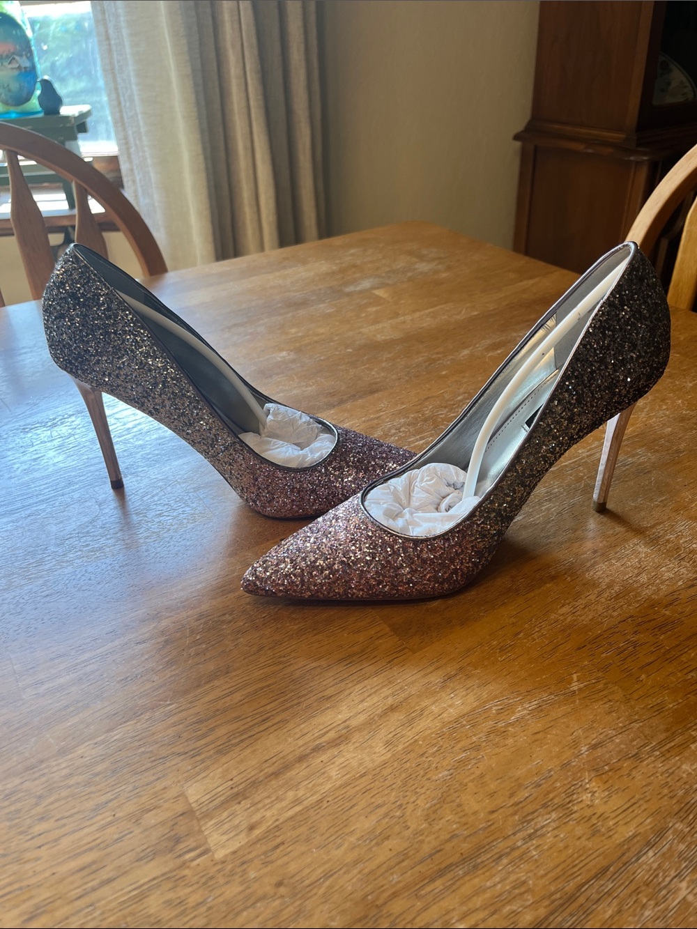 Glitter Pointed-Toe Stiletto Pumps in Rose Silver